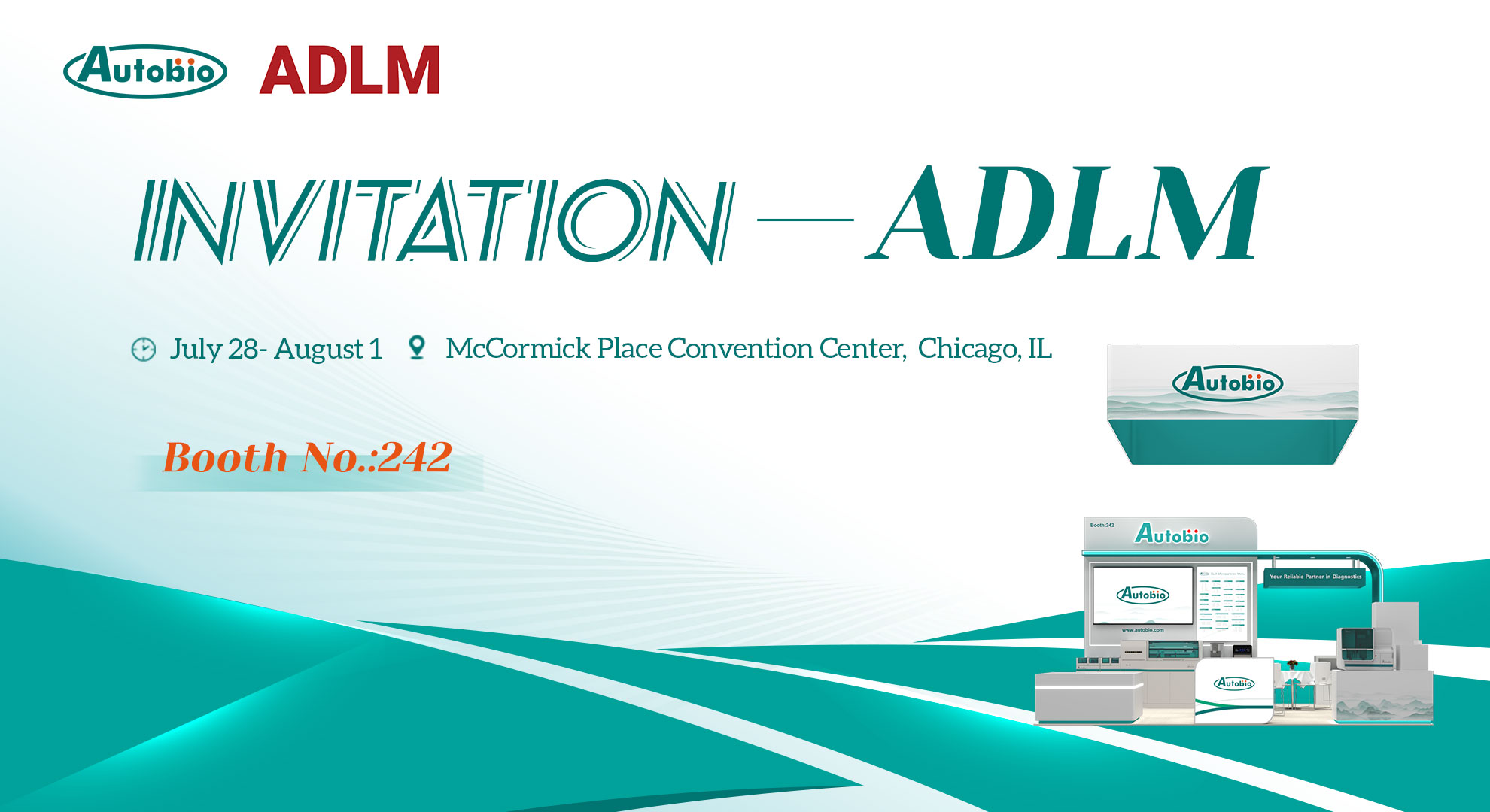 Invitation to the ADLM Conference 2024 by AdvanBio, featuring the company booth setup and event details.